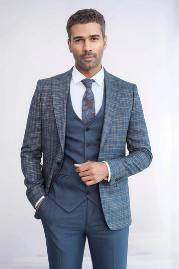 Men's Blue Glen Plaid 3-Piece Slim Fit Combination Suit