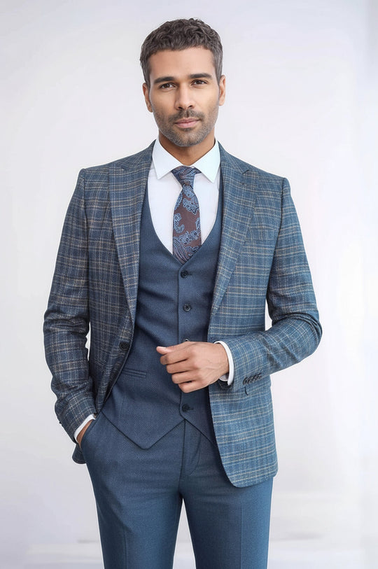 Men's Blue Glen Plaid 3-Piece Slim Fit Combination Suit