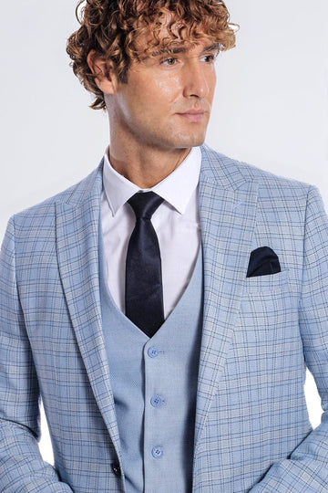 Men's Light Blue Windowpane Check 3-Piece Slim Fit Combination Suit