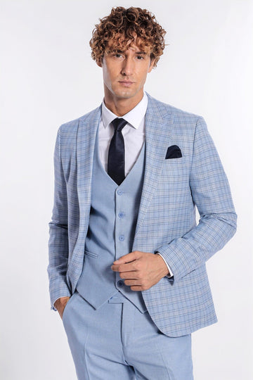 Men's Light Blue Windowpane Check 3-Piece Slim Fit Combination Suit