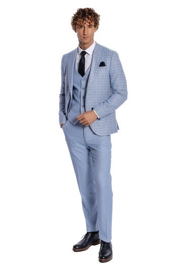 Men's Light Blue Windowpane Check 3-Piece Slim Fit Combination Suit