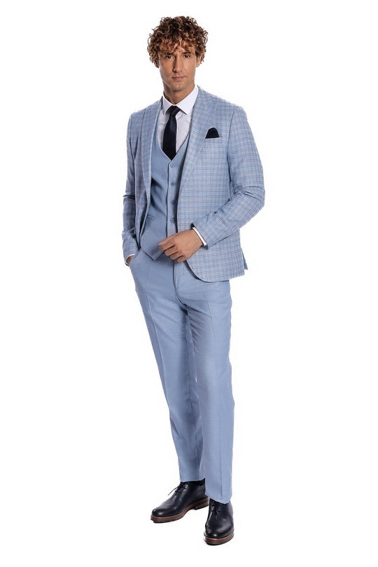 Men's Light Blue Windowpane Check 3-Piece Slim Fit Combination Suit