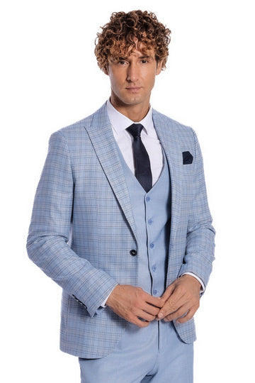 Men's Light Blue Windowpane Check 3-Piece Slim Fit Combination Suit