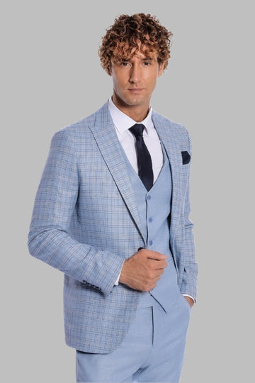 Men's Light Blue Windowpane Check 3-Piece Slim Fit Combination Suit