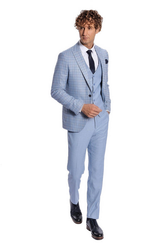 Men's Light Blue Windowpane Check 3-Piece Slim Fit Combination Suit