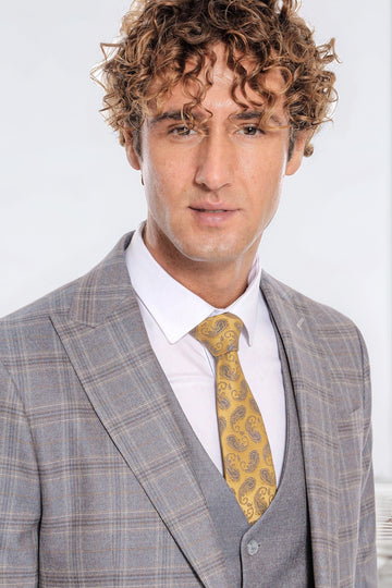 Men's Light Blue Checked 3-Piece Slim Fit Suit with Tailored Waistcoat