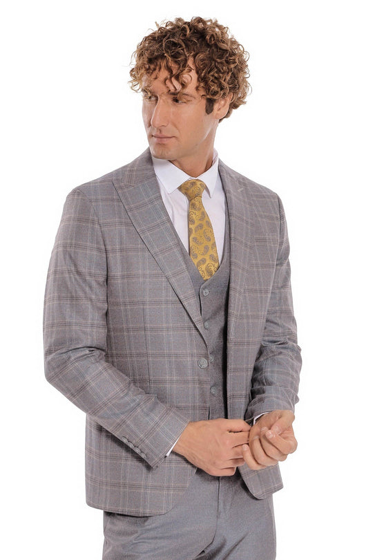 Men's Light Blue Checked 3-Piece Slim Fit Suit with Tailored Waistcoat