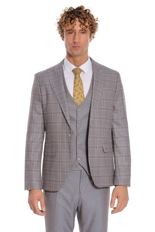 Men's Light Blue Checked 3-Piece Slim Fit Suit with Tailored Waistcoat
