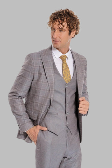 Men's Light Blue Checked 3-Piece Slim Fit Suit with Tailored Waistcoat