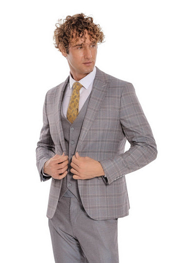 Men's Light Blue Checked 3-Piece Slim Fit Suit with Tailored Waistcoat