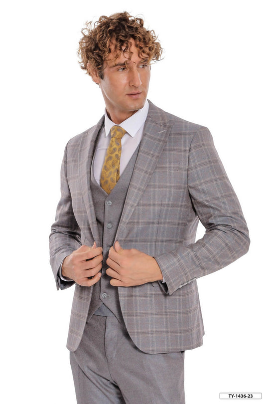Men's Light Blue Checked 3-Piece Slim Fit Suit with Tailored Waistcoat