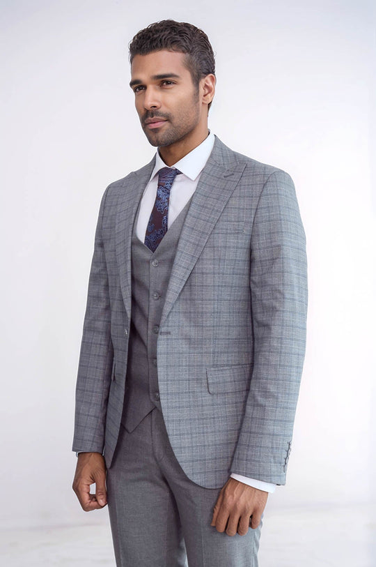 Men's Grey Glen Plaid 3-Piece Slim Fit Suit