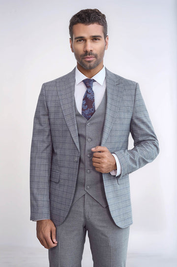 Men's Grey Glen Plaid 3-Piece Slim Fit Suit