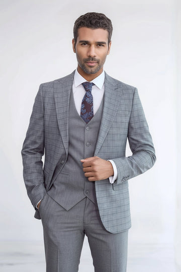 Men's Grey Glen Plaid 3-Piece Slim Fit Suit