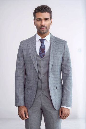 Men's Grey Glen Plaid 3-Piece Slim Fit Suit