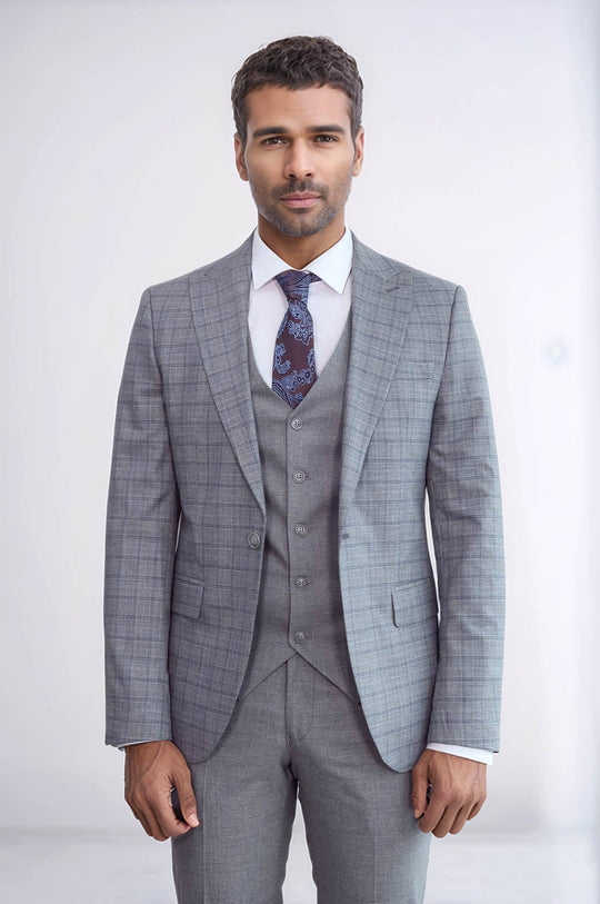Men's Grey Glen Plaid 3-Piece Slim Fit Suit
