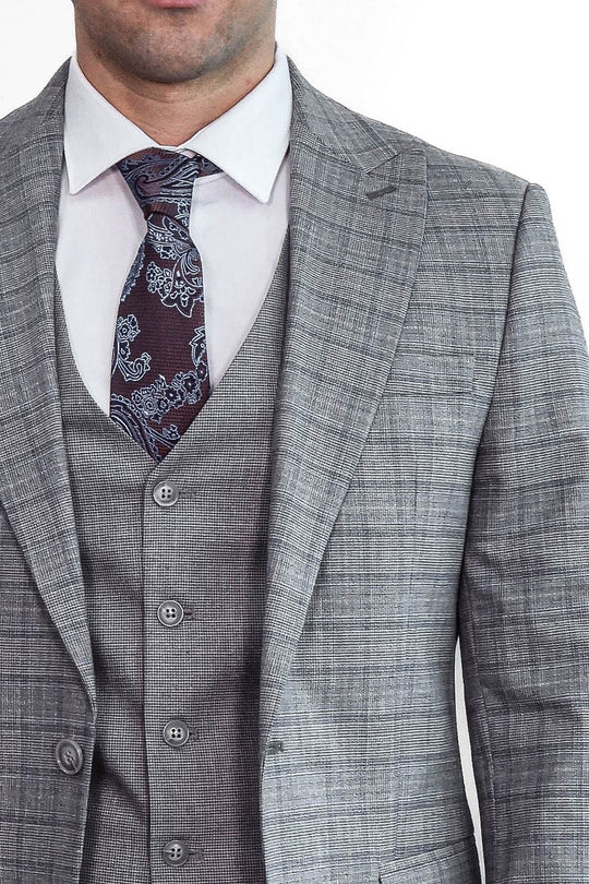 Men's Grey Glen Plaid 3-Piece Slim Fit Suit