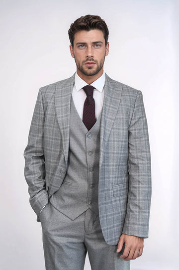 Men's Light Grey Windowpane Check 3-Piece Combination Suit with Tailored Waistcoat