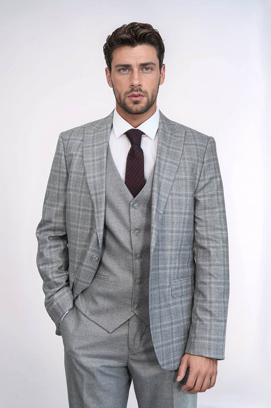 Men's Light Grey Windowpane Check 3-Piece Combination Suit with Tailored Waistcoat