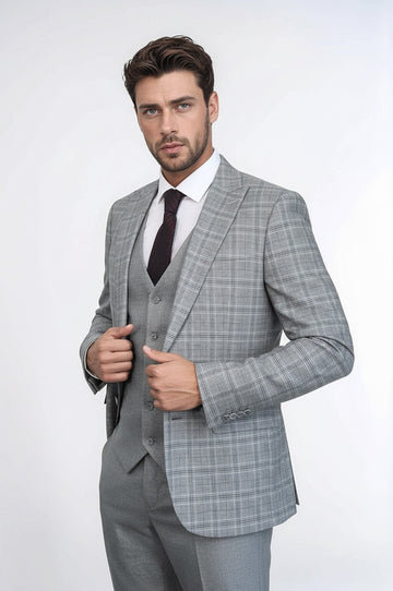Men's Light Grey Windowpane Check 3-Piece Combination Suit with Tailored Waistcoat