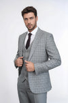 Men's Light Grey Windowpane Check 3-Piece Combination Suit with Tailored Waistcoat