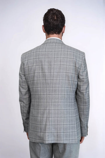 Men's Light Grey Windowpane Check 3-Piece Combination Suit with Tailored Waistcoat