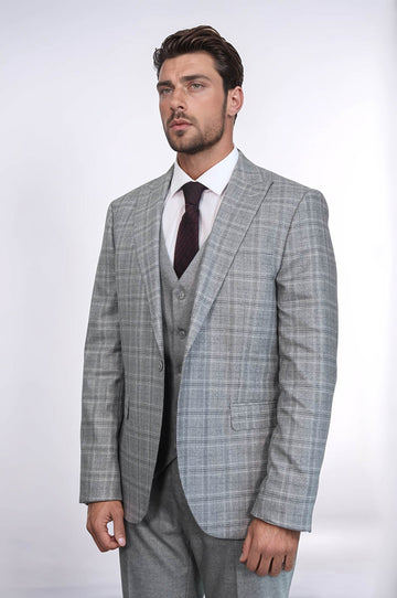 Men's Light Grey Windowpane Check 3-Piece Combination Suit with Tailored Waistcoat