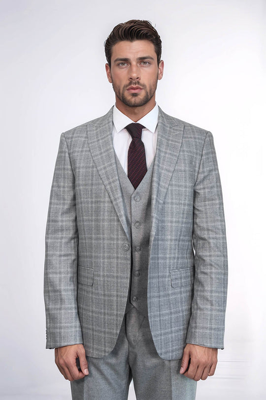 Men's Light Grey Windowpane Check 3-Piece Combination Suit with Tailored Waistcoat