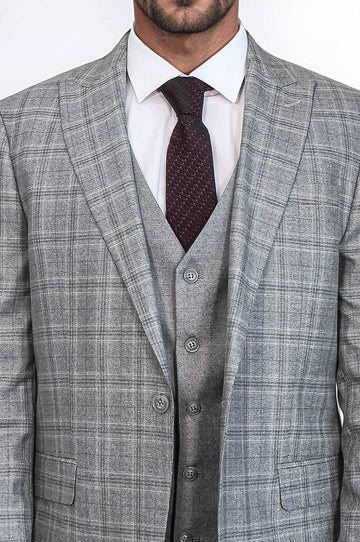 Men's Light Grey Windowpane Check 3-Piece Combination Suit with Tailored Waistcoat