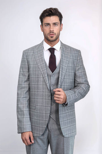 Men's Light Grey Windowpane Check 3-Piece Combination Suit with Tailored Waistcoat