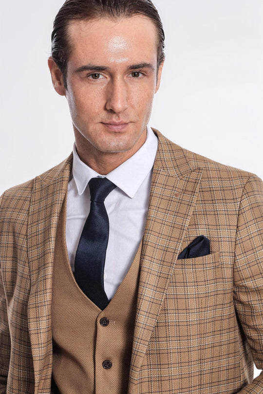 Men's Tan Windowpane Check 3-Piece Slim Fit Combination Suit