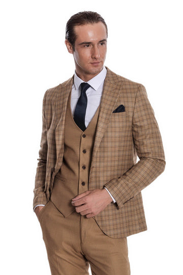 Men's Tan Windowpane Check 3-Piece Slim Fit Combination Suit