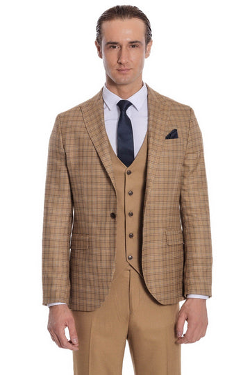 Men's Tan Windowpane Check 3-Piece Slim Fit Combination Suit