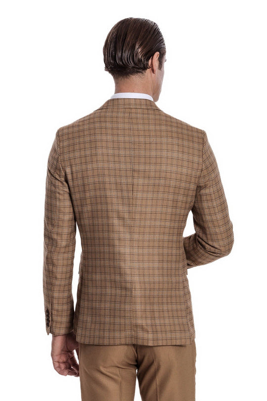 Men's Tan Windowpane Check 3-Piece Slim Fit Combination Suit