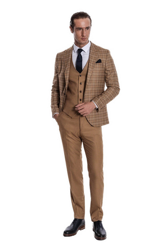 Men's Tan Windowpane Check 3-Piece Slim Fit Combination Suit
