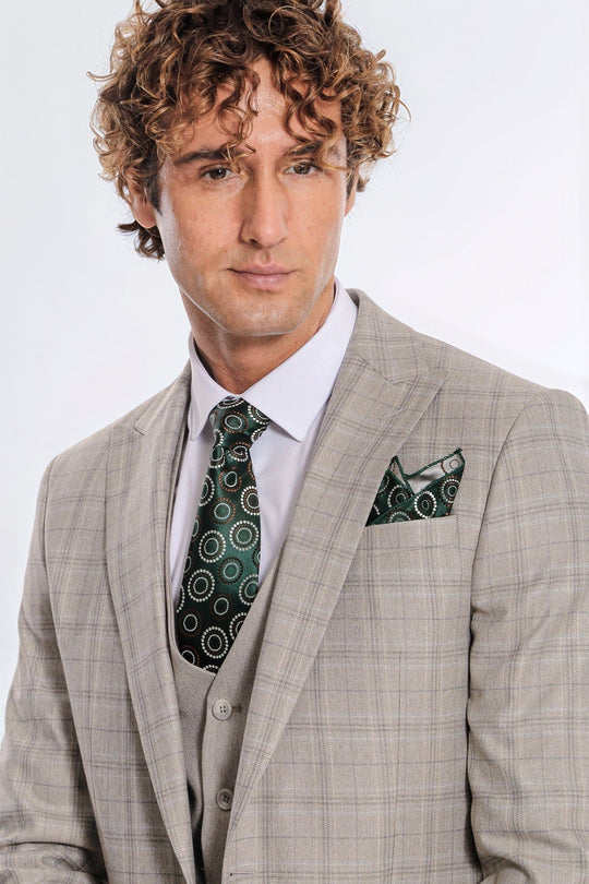 Men's Cream Windowpane Check 3-Piece Slim Fit Suit