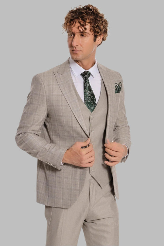Men's Cream Windowpane Check 3-Piece Slim Fit Suit