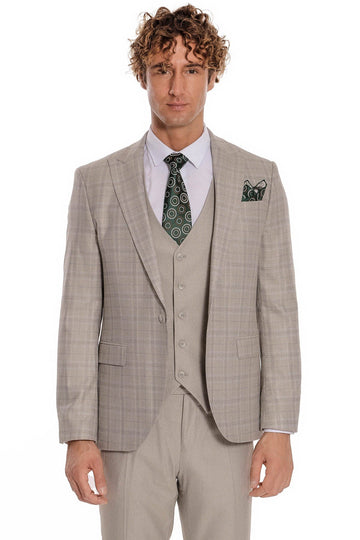 Men's Cream Windowpane Check 3-Piece Slim Fit Suit