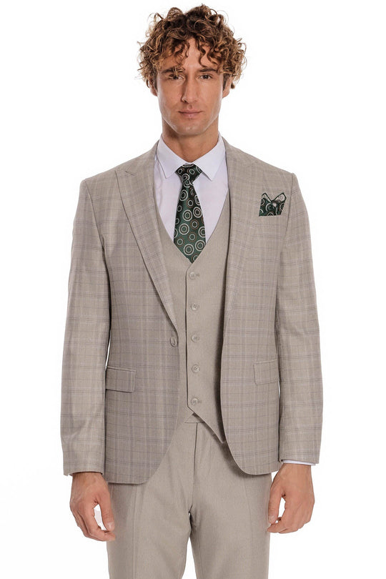 Men's Cream Windowpane Check 3-Piece Slim Fit Suit