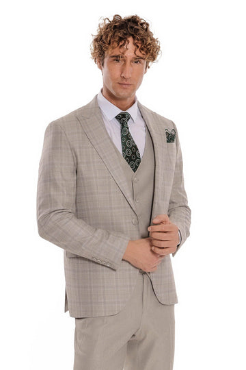Men's Cream Windowpane Check 3-Piece Slim Fit Suit