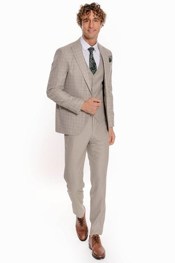 Men's Cream Windowpane Check 3-Piece Slim Fit Suit