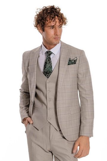 Men's Cream Windowpane Check 3-Piece Slim Fit Suit