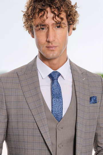 Men's Light Brown Checked 3-Piece Slim Fit Suit with Tailored Waistcoat