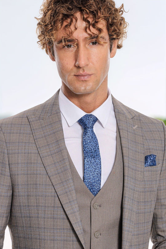 Men's Light Brown Checked 3-Piece Slim Fit Suit with Tailored Waistcoat