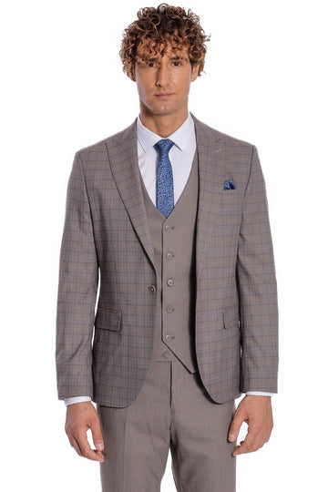 Men's Light Brown Checked 3-Piece Slim Fit Suit with Tailored Waistcoat