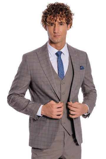 Men's Light Brown Checked 3-Piece Slim Fit Suit with Tailored Waistcoat