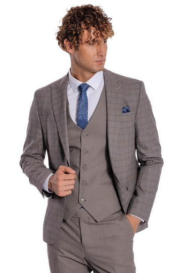 Men's Light Brown Checked 3-Piece Slim Fit Suit with Tailored Waistcoat
