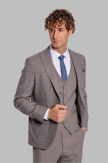 Men's Light Brown Checked 3-Piece Slim Fit Suit with Tailored Waistcoat
