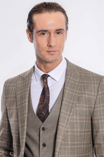 Men's Brown Windowpane Check 3-Piece Slim Fit Suit