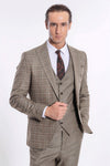 Men's Brown Windowpane Check 3-Piece Slim Fit Suit